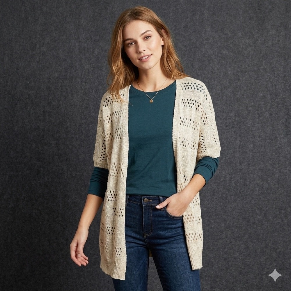 Zeagoo Womens Size XL Beige Crochet Knit Cardigan‎ Open Front Short Sleeve Boho